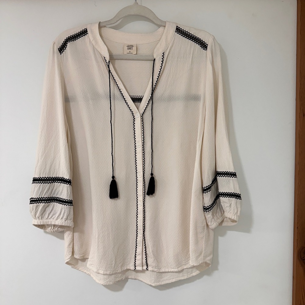 Good Hart Embroidered Tassel Blouse Womens Medium Cream Black Trim | Boho Chic